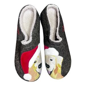 LL Bean Womens Slippers Sz M Dog Christmas Santa Hat Embroidered Cozy Cottage